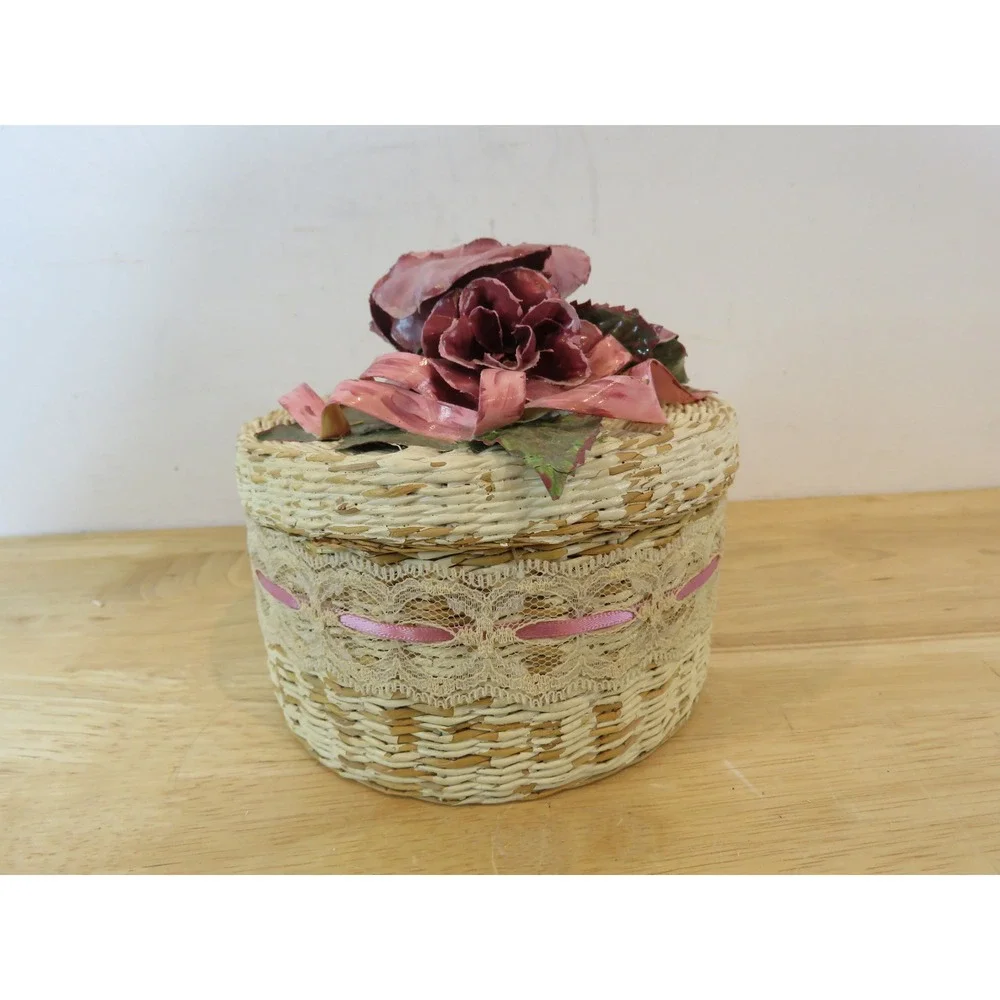Vintage Floral Woven Nesting Baskets Set of 4 Decorative Lace Trim Storage Boxes